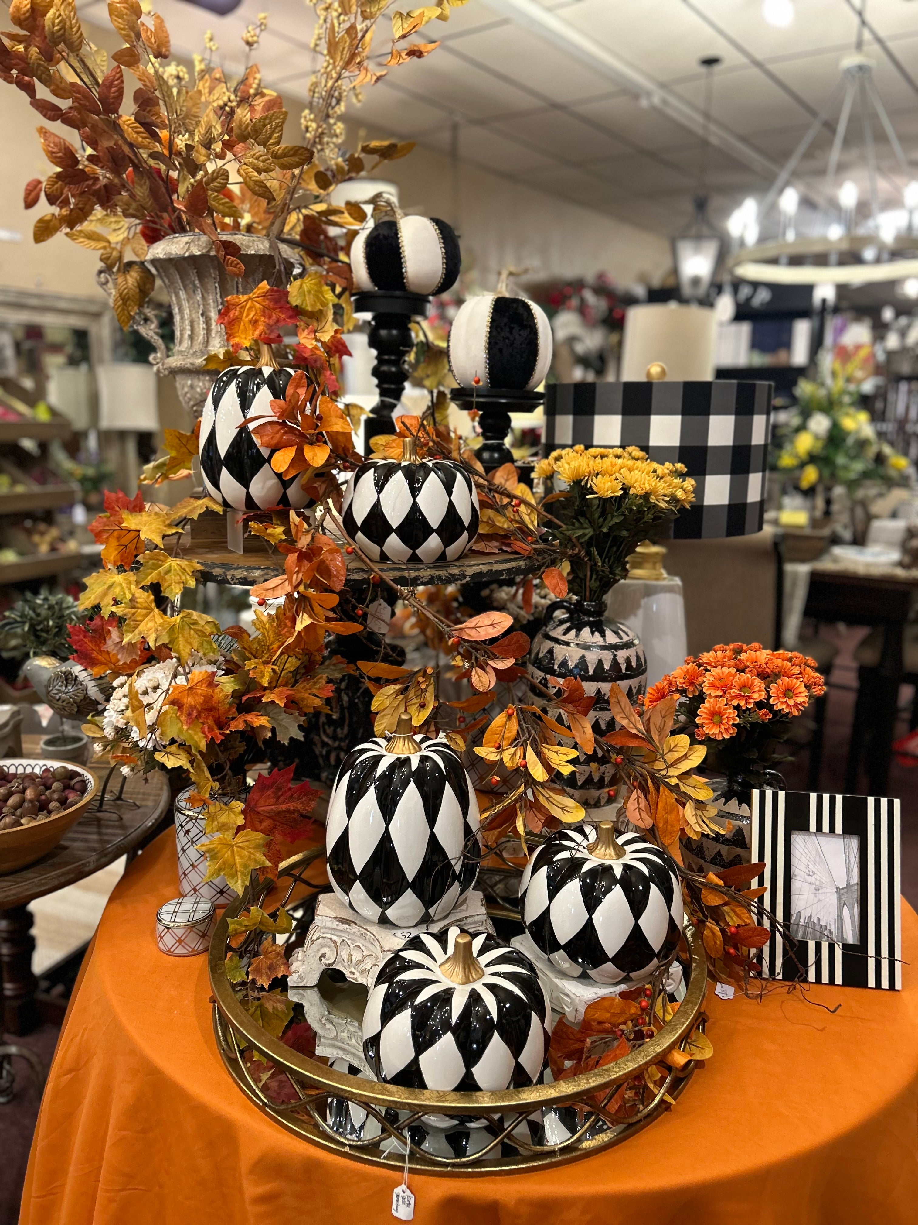 Ceramic Black & White Harlequin Pumpkin (3) Sizes with Gold Stem, Black and White