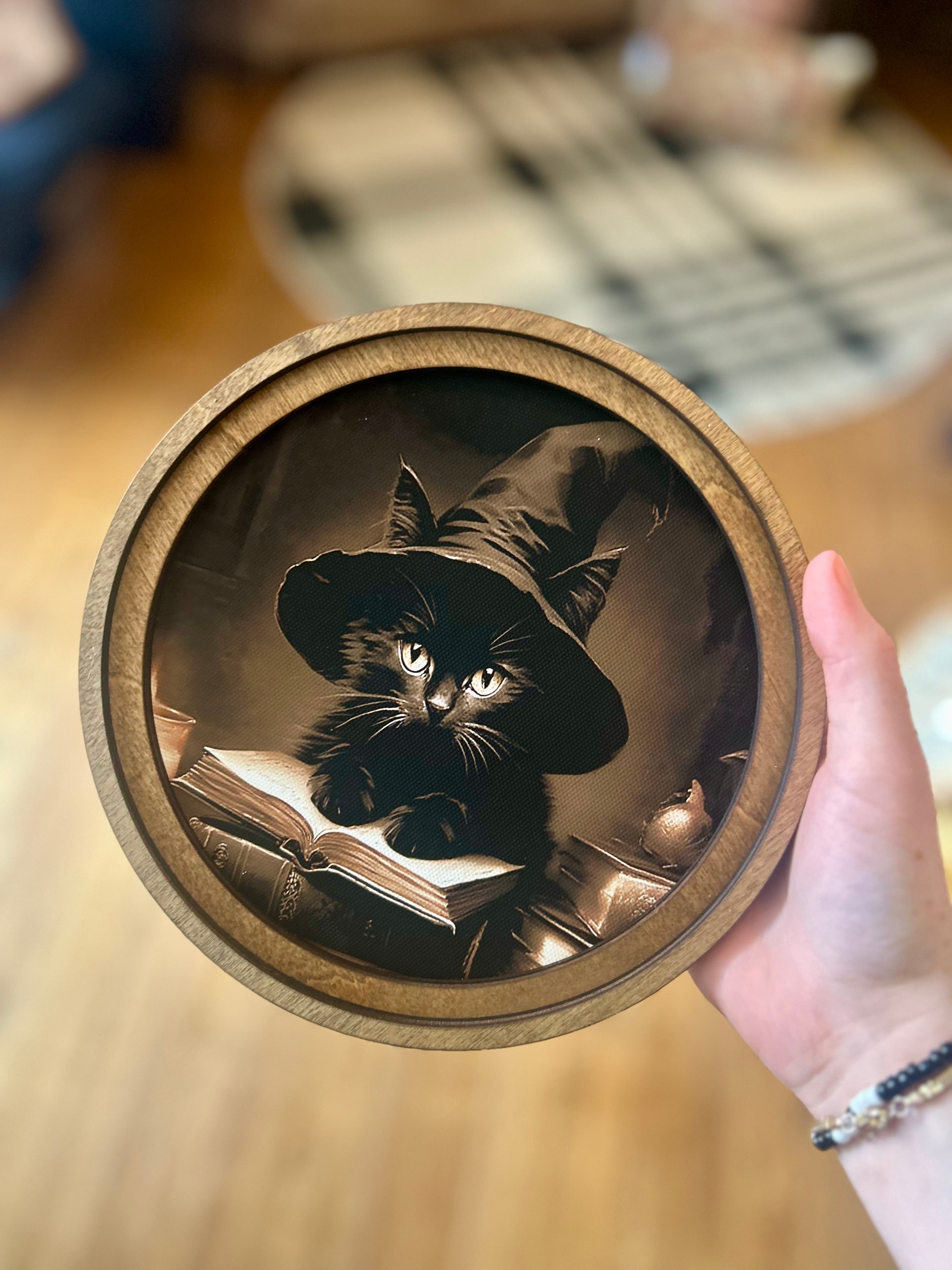 Black Cat with Witch Hat and Spell Book 8” Round Framed Picture