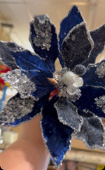 Load image into Gallery viewer, Navy/Blue Glam White Crystal Velvet Poinsettia with Sequins Pack of 3
