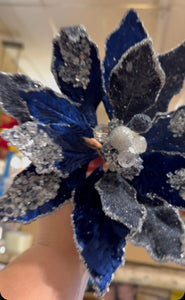 Navy/Blue Glam White Crystal Velvet Poinsettia with Sequins Pack of 3