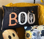 Load image into Gallery viewer, BOO Black Pillow with Bats, Witch Hat, Spider web, and Skeleton Hand
