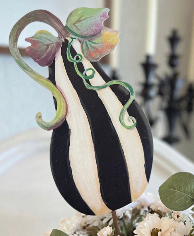 Set of 2 Pumpkins and 1 Tall Gourd Black & White Stripe Metal Stake
