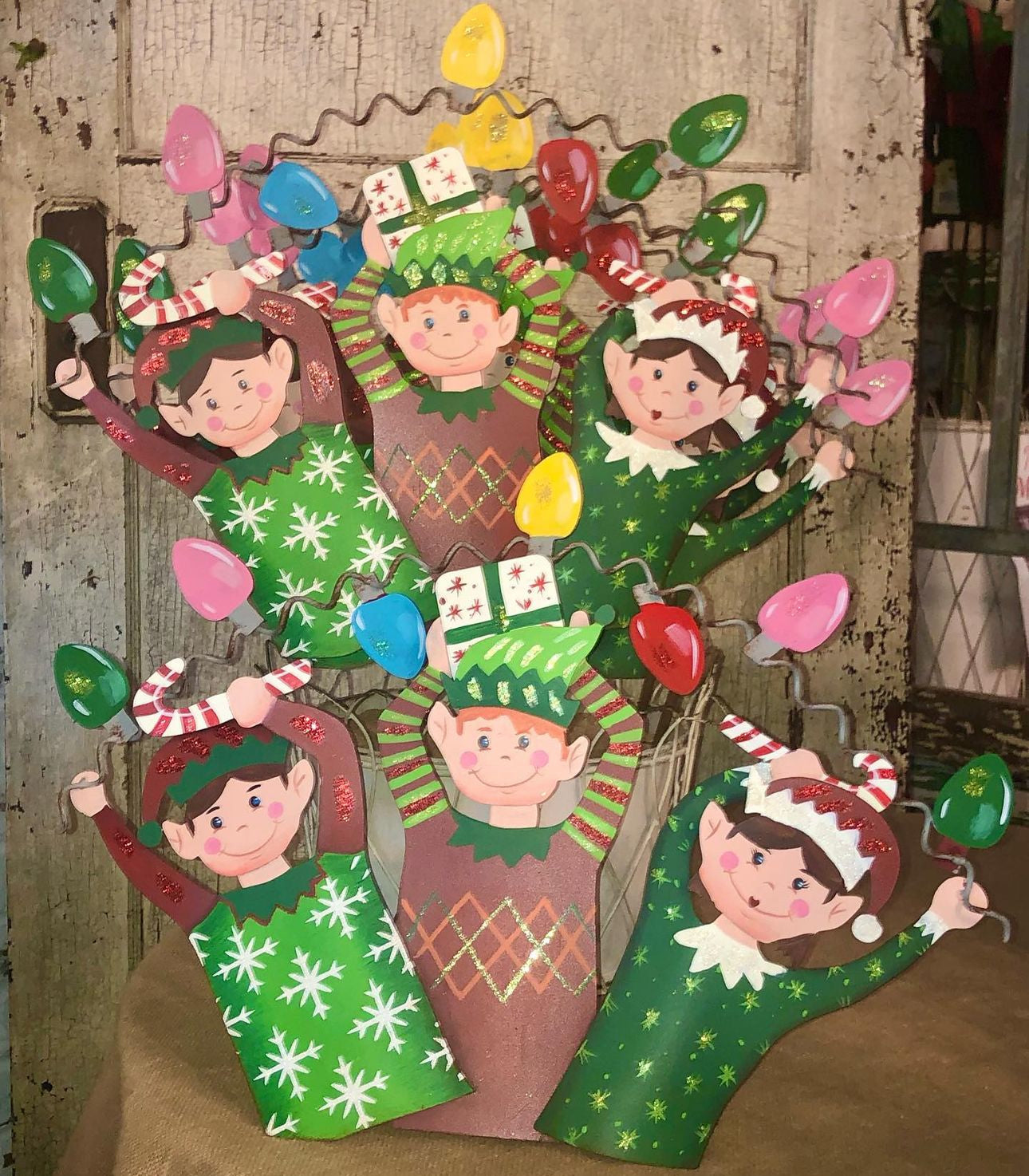 Playful Elves with Bulbs Metal Easel/Stake