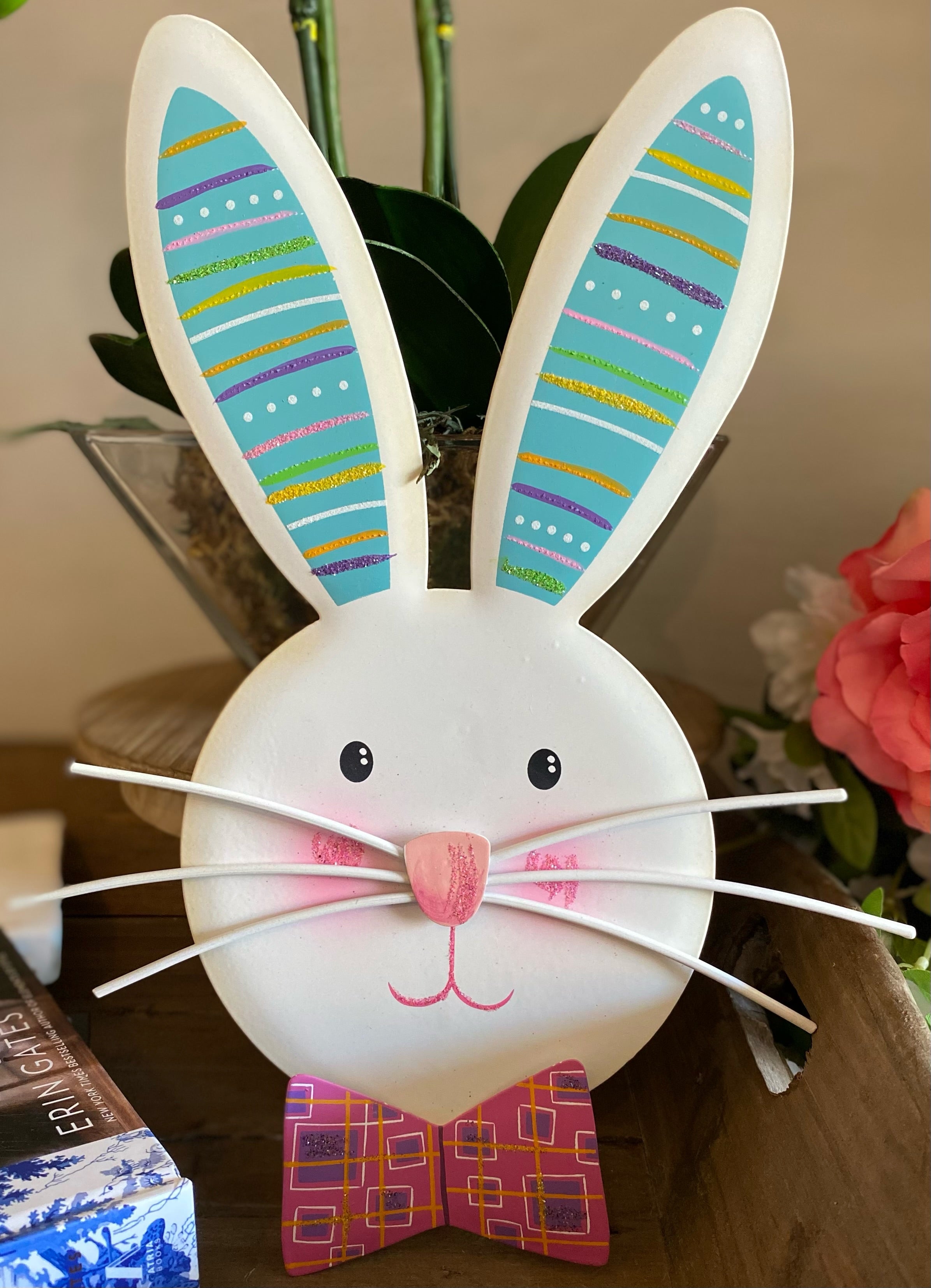 Turquoise Ears Bunny with Bow tie White Rabbit Metal Outdoor Stakes