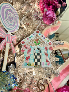 Gingerbread House Metal Ornament Checkered Pattern