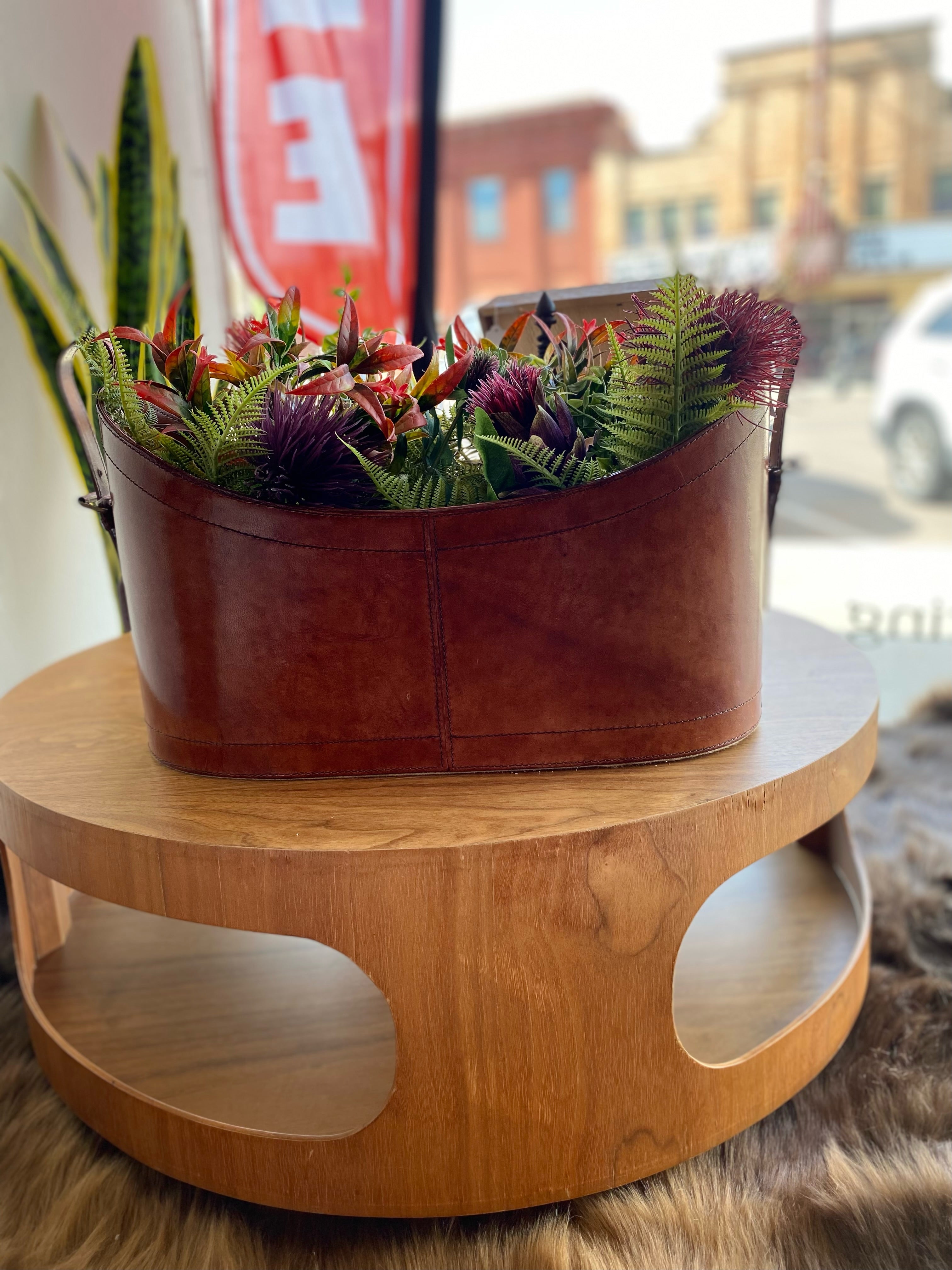 Brown Leather Oval Container with Buckles on Each End