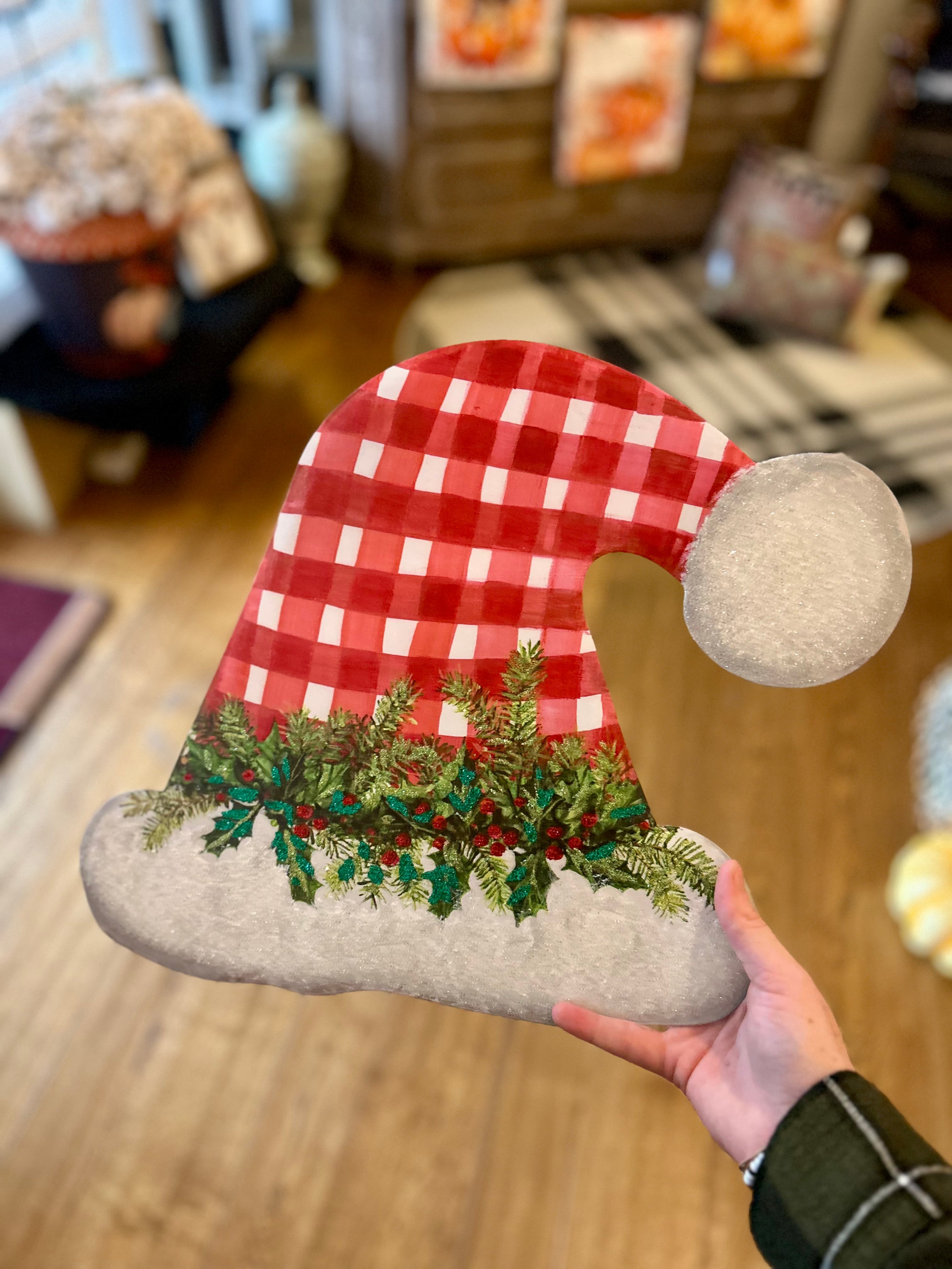 Gingham Santa Hat Metal Stake Outdoor or Indoor