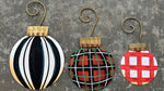 Load image into Gallery viewer, Whimsical Plaid, Stripe, &amp; Check Set of 3 Metal Shimmering Ornaments

