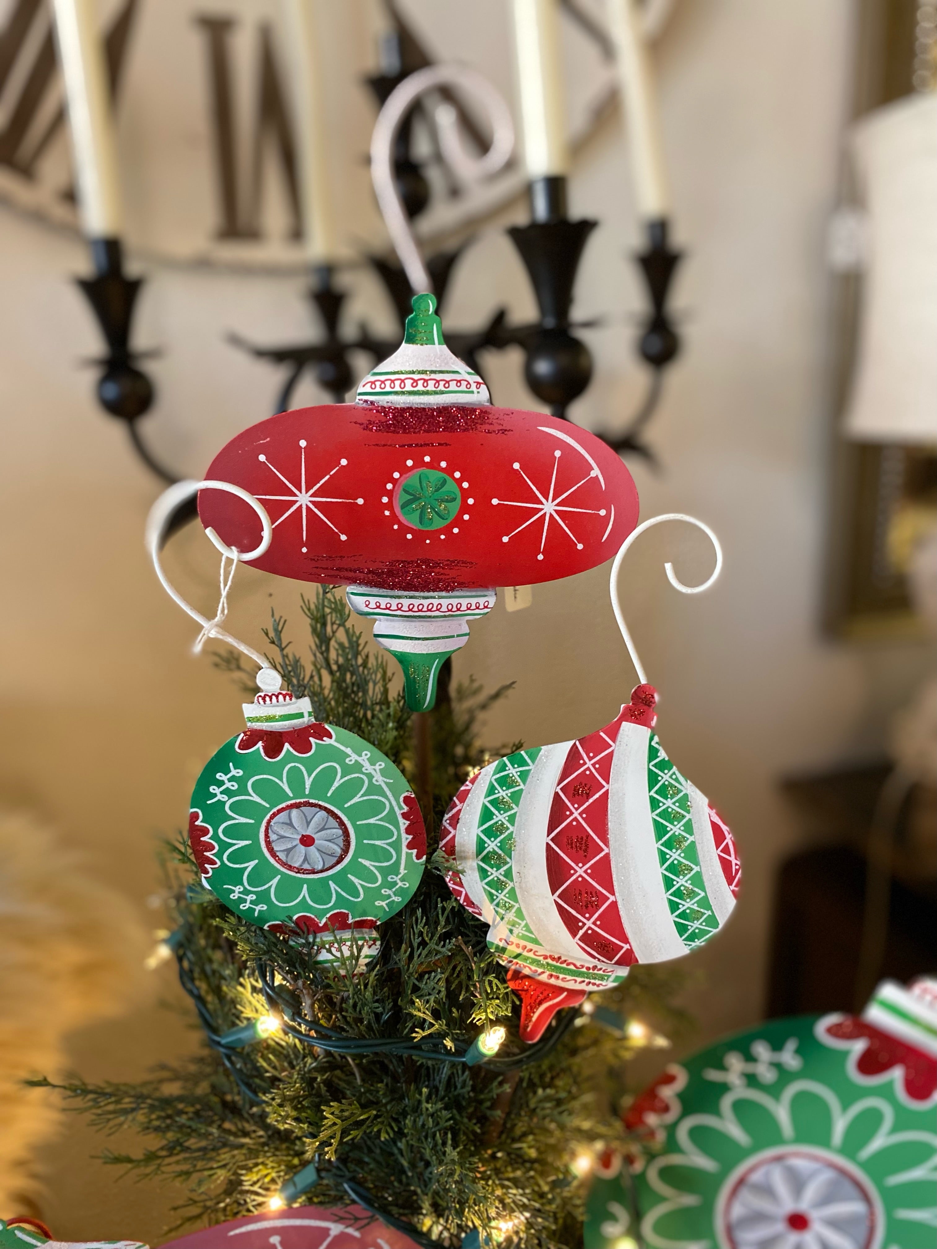 Set of 3 Small Red, White, & Green Metal Ornaments