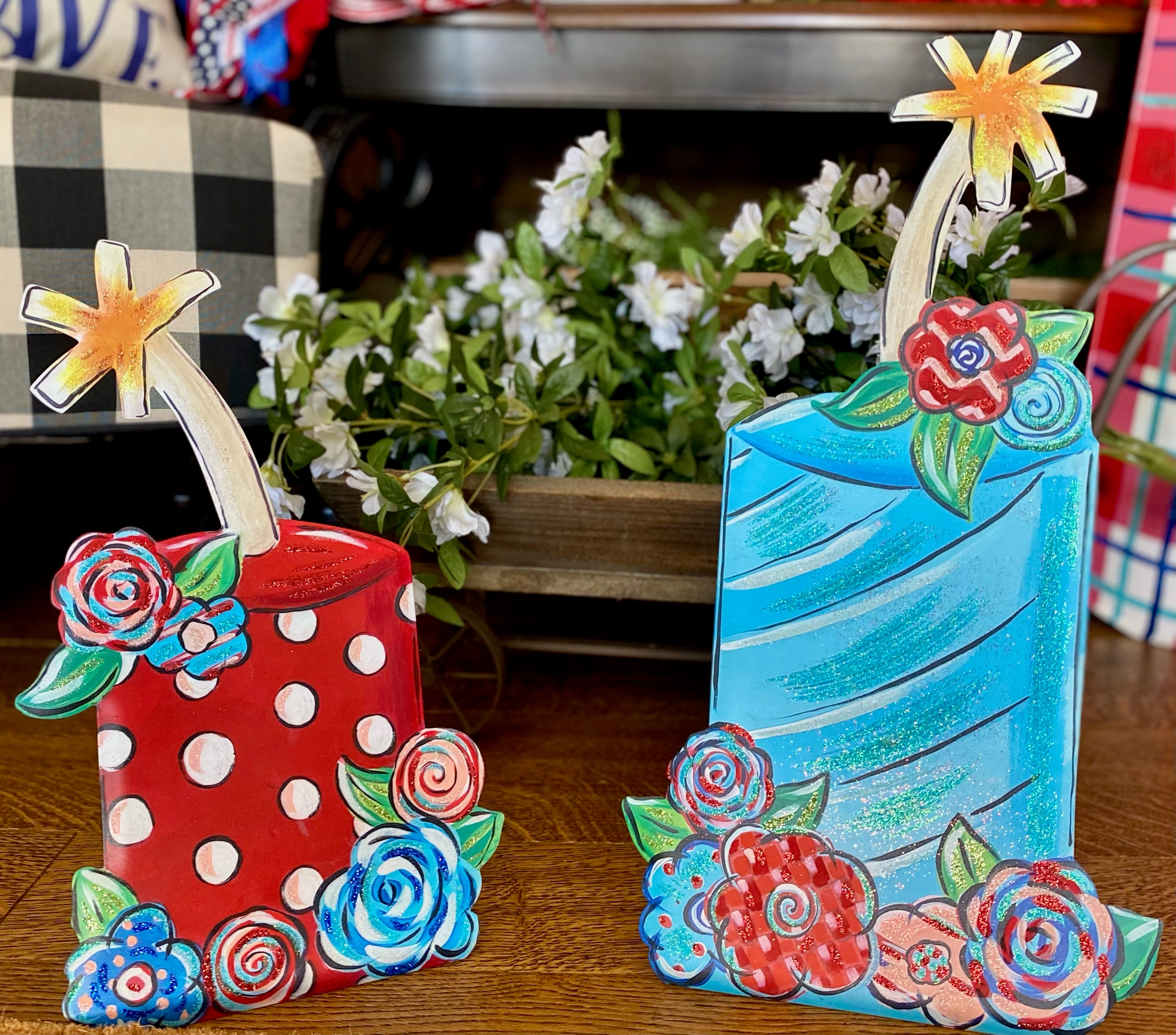 Americana: Set of 2 Red, White, and Blue Fireworks Polka Dot Metal Stakes