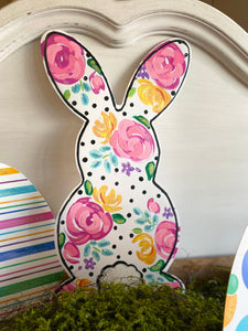 White Floral Rabbit Metal Door Hanger, Stake, and Attached Easel