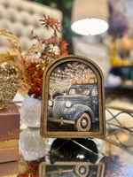 Load image into Gallery viewer, Fall Blue Farm Truck Hauling Harvest Pumpkins Wood Frame Picture Arch Top
