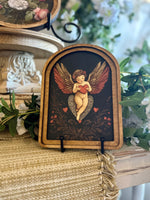 Load image into Gallery viewer, Arch Top Wooden Cupid Art in Black, Pink, and Red
