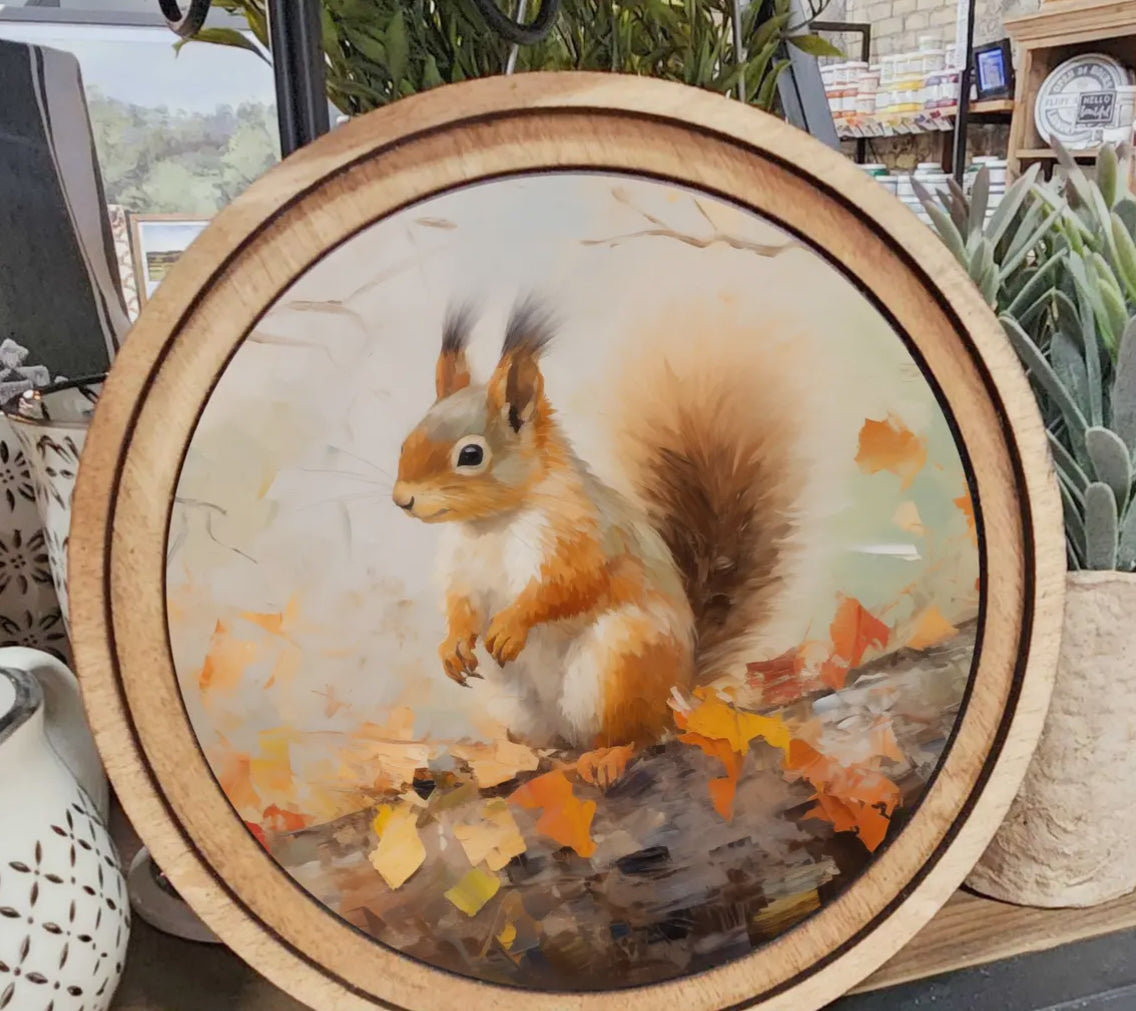 Fall Leaves and Squirrel Picture with Wood Frame