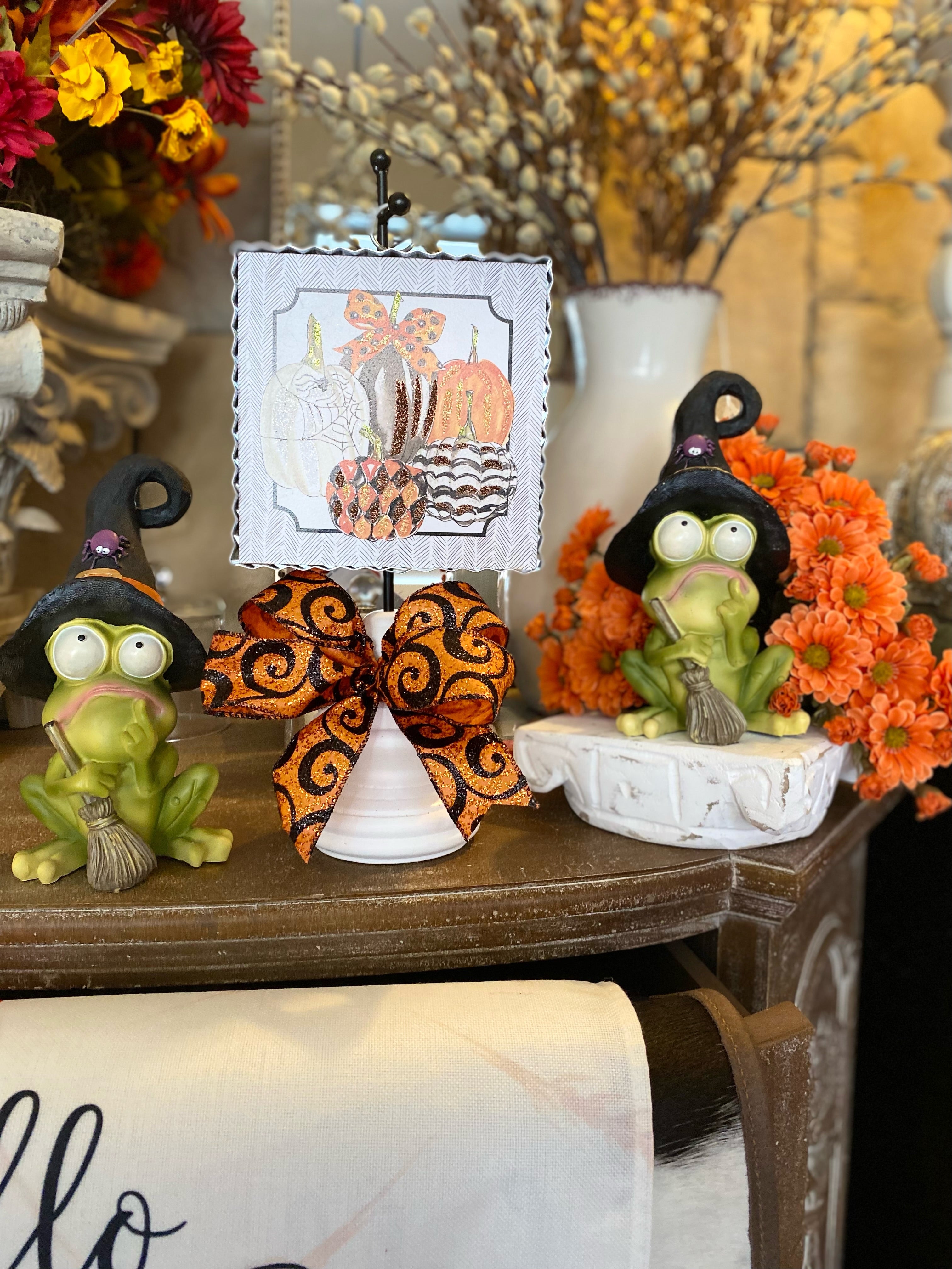 Phoebe the Frog with Black Witch Hat Spider and Holding Broom