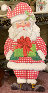 Large Santa Claus Red White Checkered Pattern with attached easel Outdoor Metal