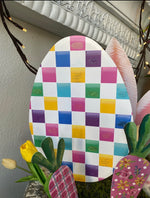 Load image into Gallery viewer, Checkered Metal Egg Easter Outdoor Stakes in Pink, White and Blue
