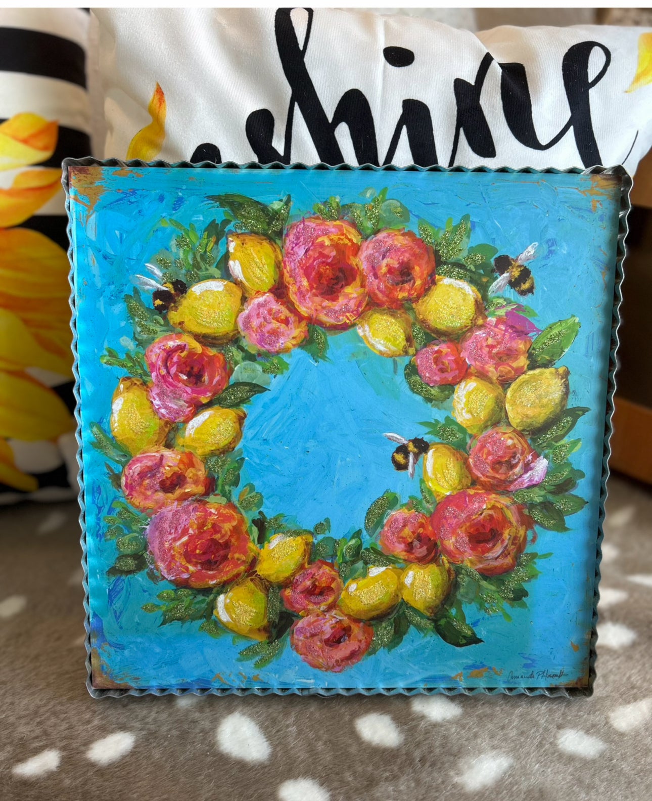 Turquoise Summer Bee & Floral Pic with Metal Frame 12”x12”