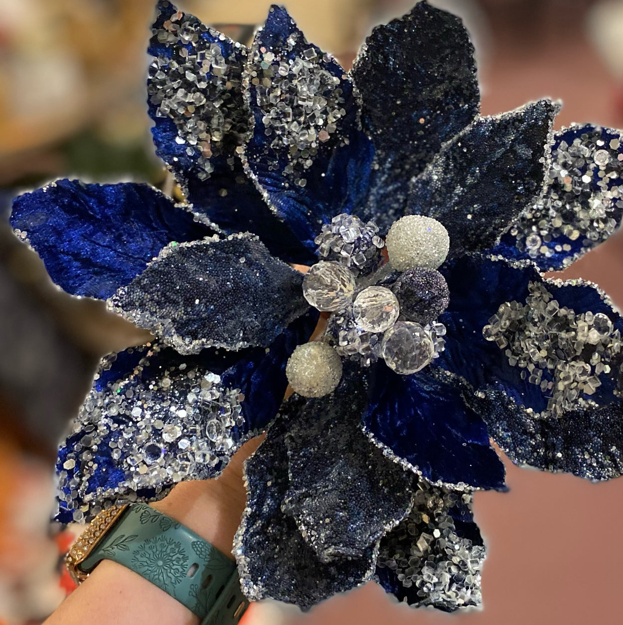 Navy/Blue Glam White Crystal Velvet Poinsettia with Sequins Pack of 3