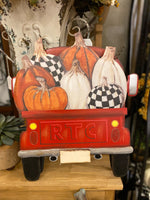 Load image into Gallery viewer, Pile of Orange/White Pumpkins with Black &amp; White Check Pumpkin Metal Stake and Easel
