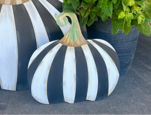 Small Short Black & White Striped Metal Pumpkin Yard Stake