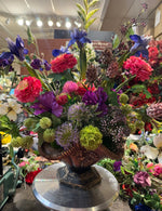 Load image into Gallery viewer, Summer Garden Bright Pink, Purple, and Green Floral Arrangement in Bronze Gold Container
