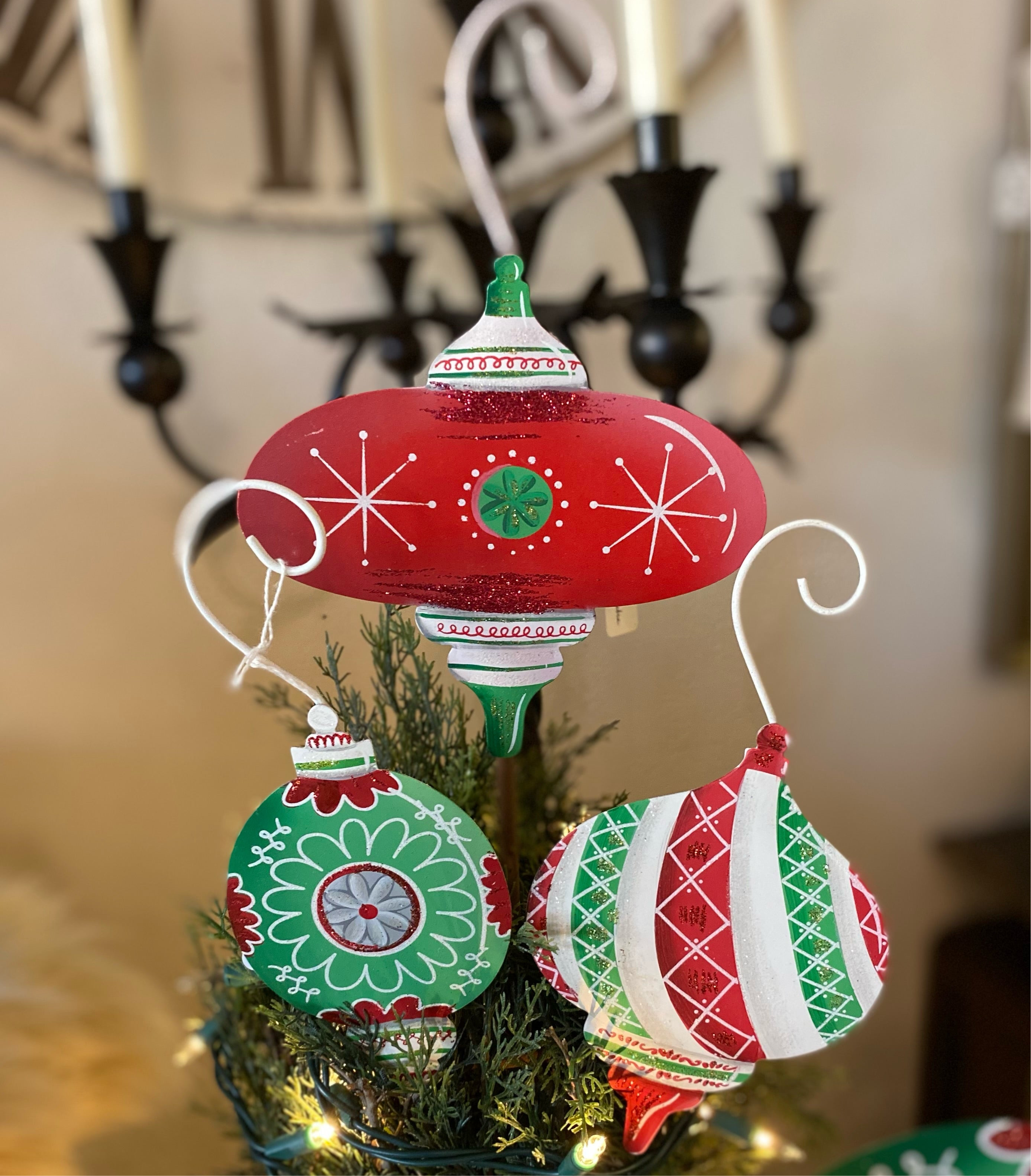 Set of 3 Small Red, White, & Green Metal Ornaments