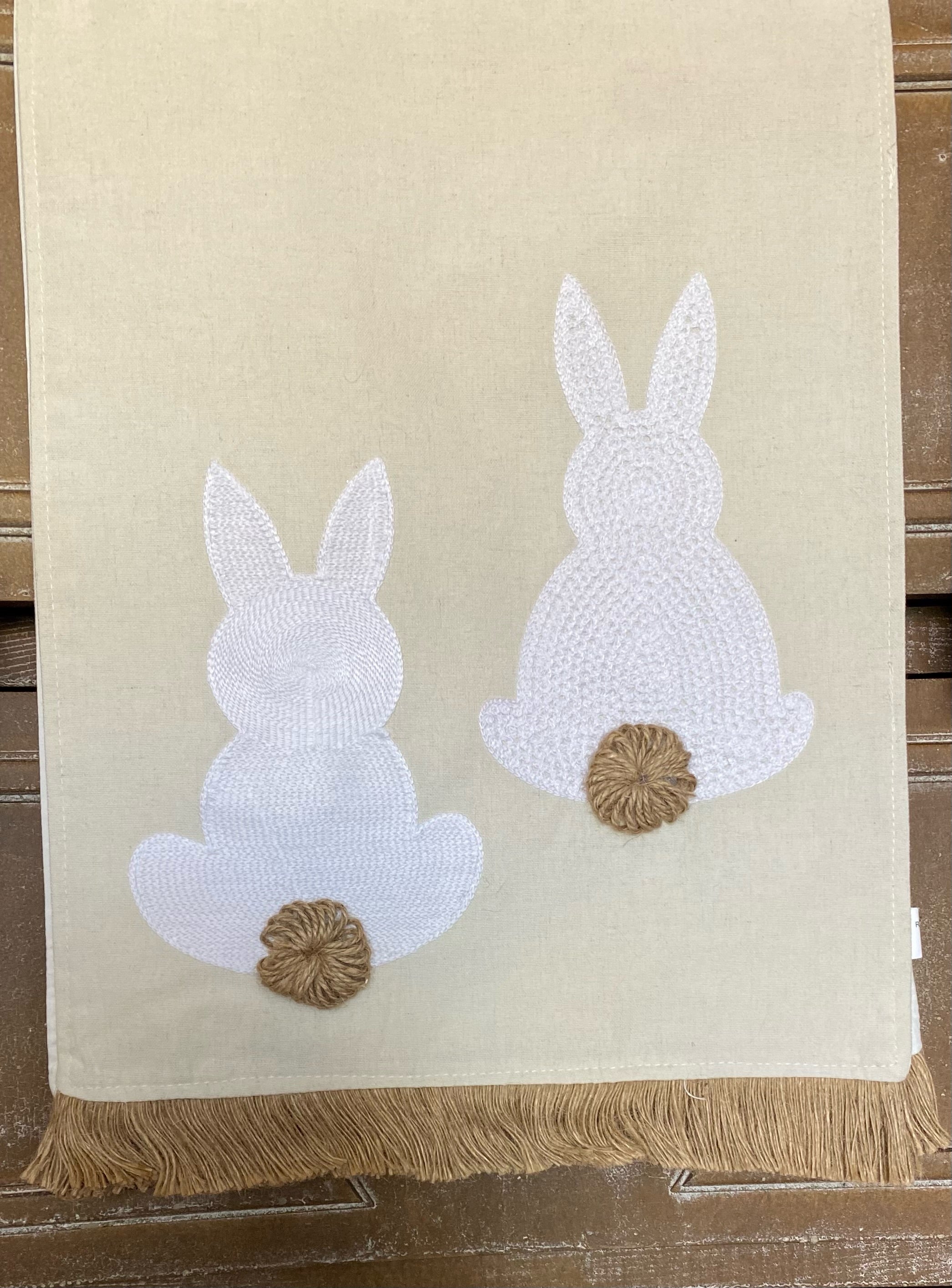 Linen Look Emroidered Fringed Bunny Table Runner