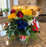 Load image into Gallery viewer, Americana Patriotic Floral Arrangement in Red and White Check Container
