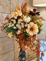Load image into Gallery viewer, Fall Mixed Cream Mums and Japanese Maple Stems Arrangement on tile
