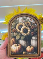 Load image into Gallery viewer, Fall Sunflowers and Pumpkins Wood Frame Picture Arch Top
