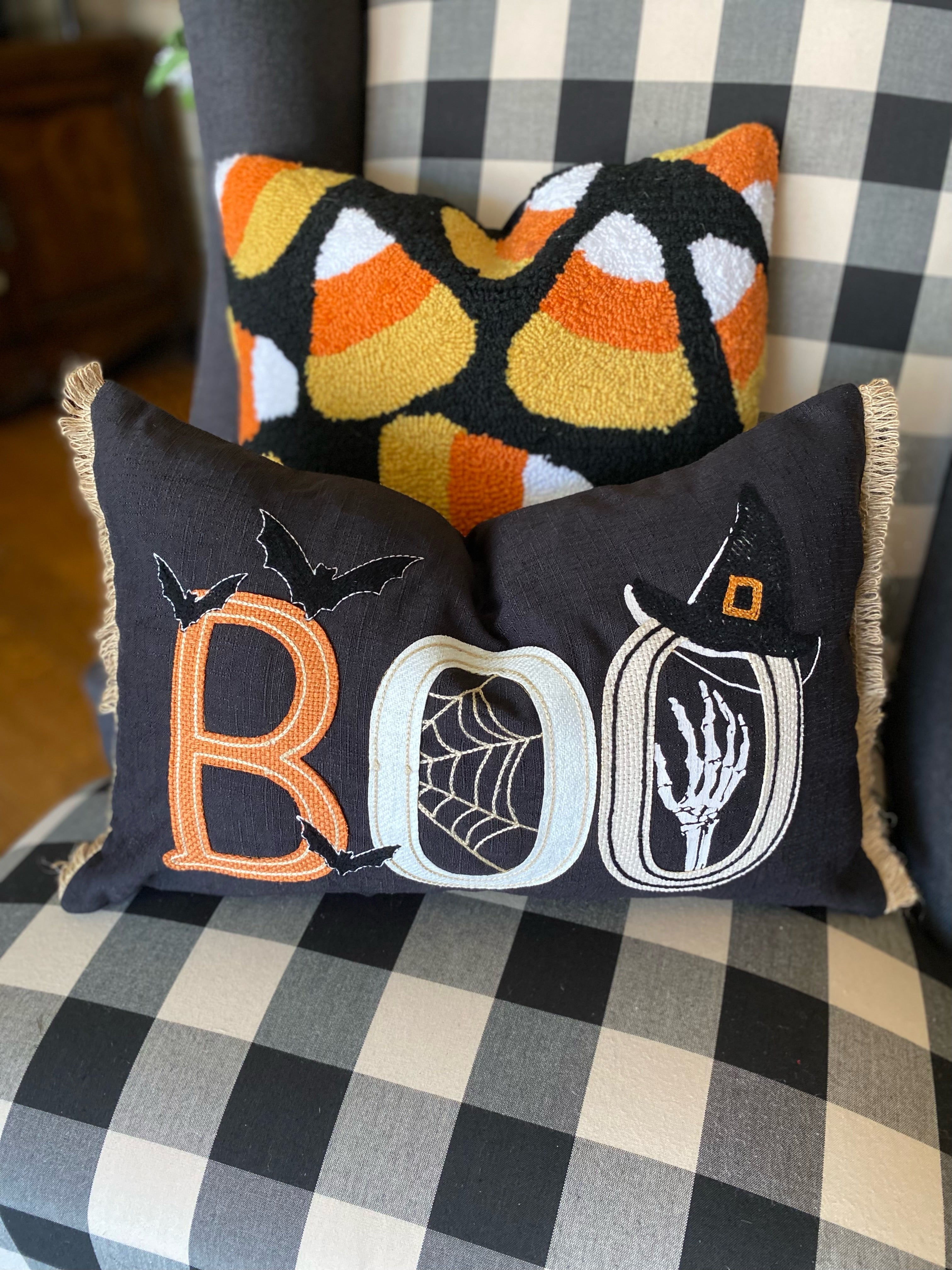 BOO Black Pillow with Bats, Witch Hat, Spider web, and Skeleton Hand