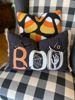 Load image into Gallery viewer, BOO Black Pillow with Bats, Witch Hat, Spider web, and Skeleton Hand
