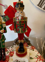 Load image into Gallery viewer, Plaid Nutcracker in Maroon, Dark Green, White and Gold with Black Accents
