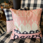 Load image into Gallery viewer, Hello Peeps Pink Easter Pillow with Bunny in Background
