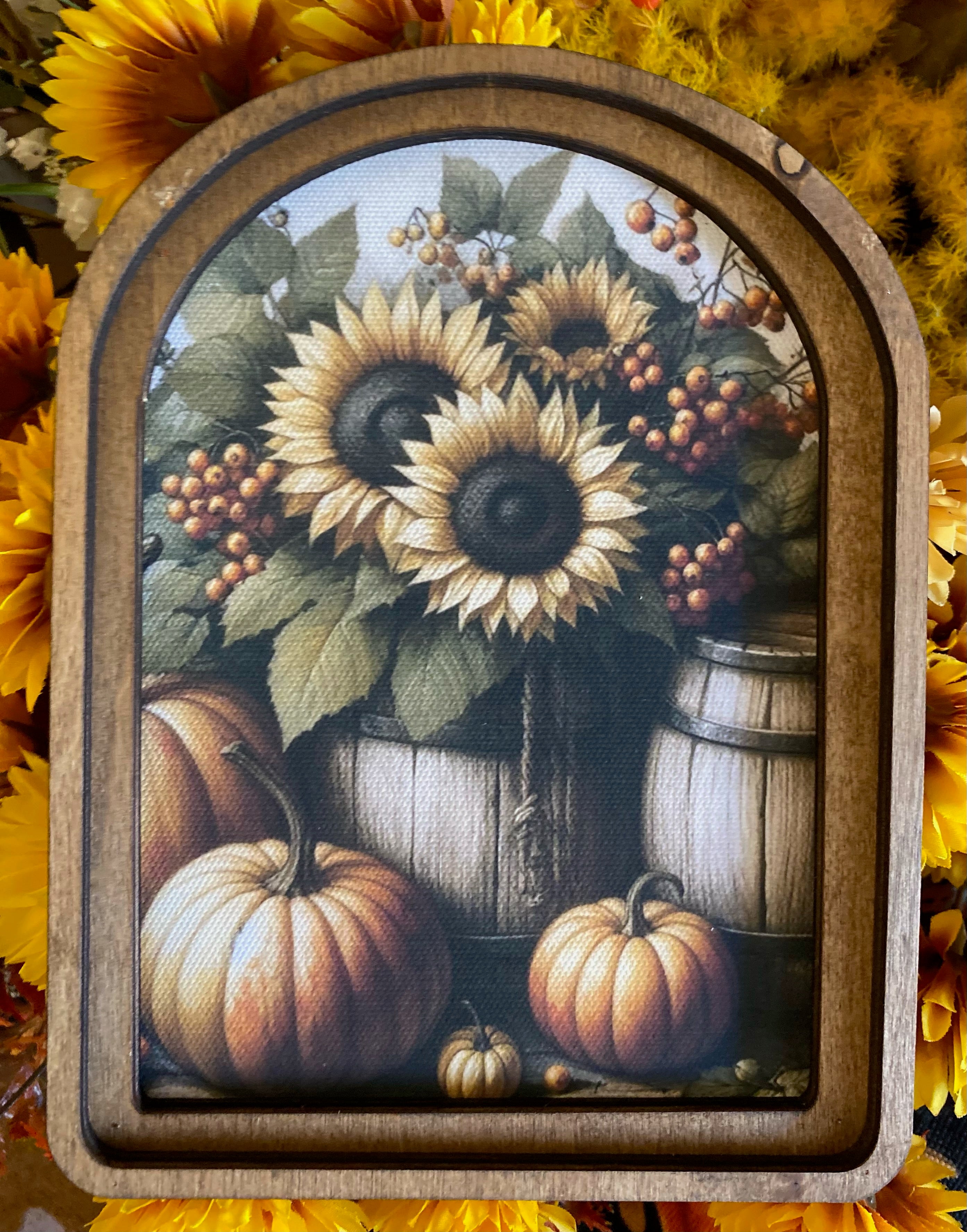 Fall Sunflowers and Pumpkins Wood Frame Picture Arch Top