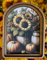 Load image into Gallery viewer, Fall Sunflowers and Pumpkins Wood Frame Picture Arch Top
