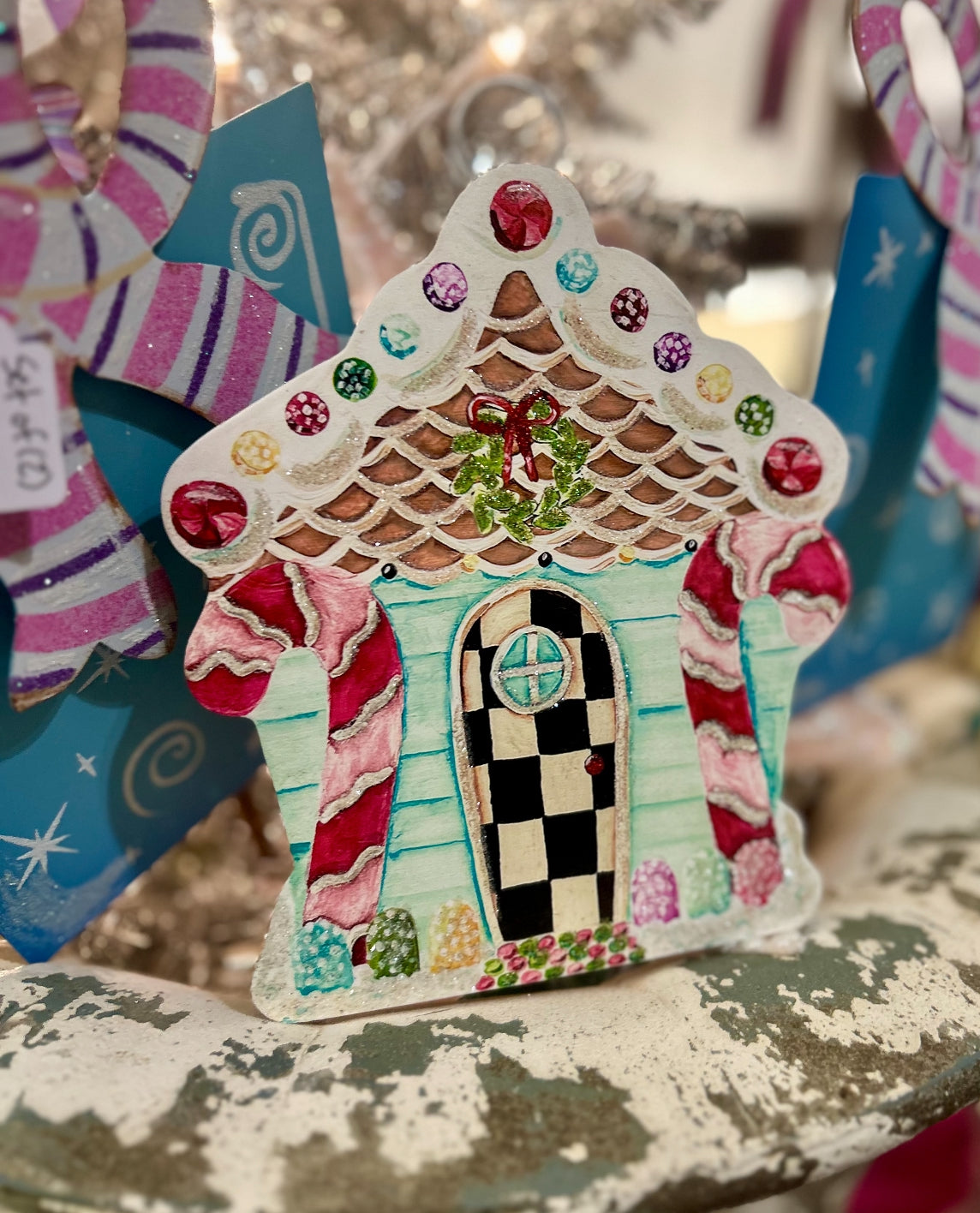 Gingerbread House Charm Metal Checkered Pattern