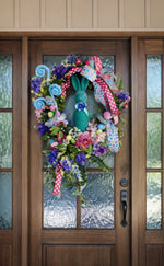 Load image into Gallery viewer, Teal Bunny Spring Floral Wreath Pinks, Green, Soft Blues, Yellow
