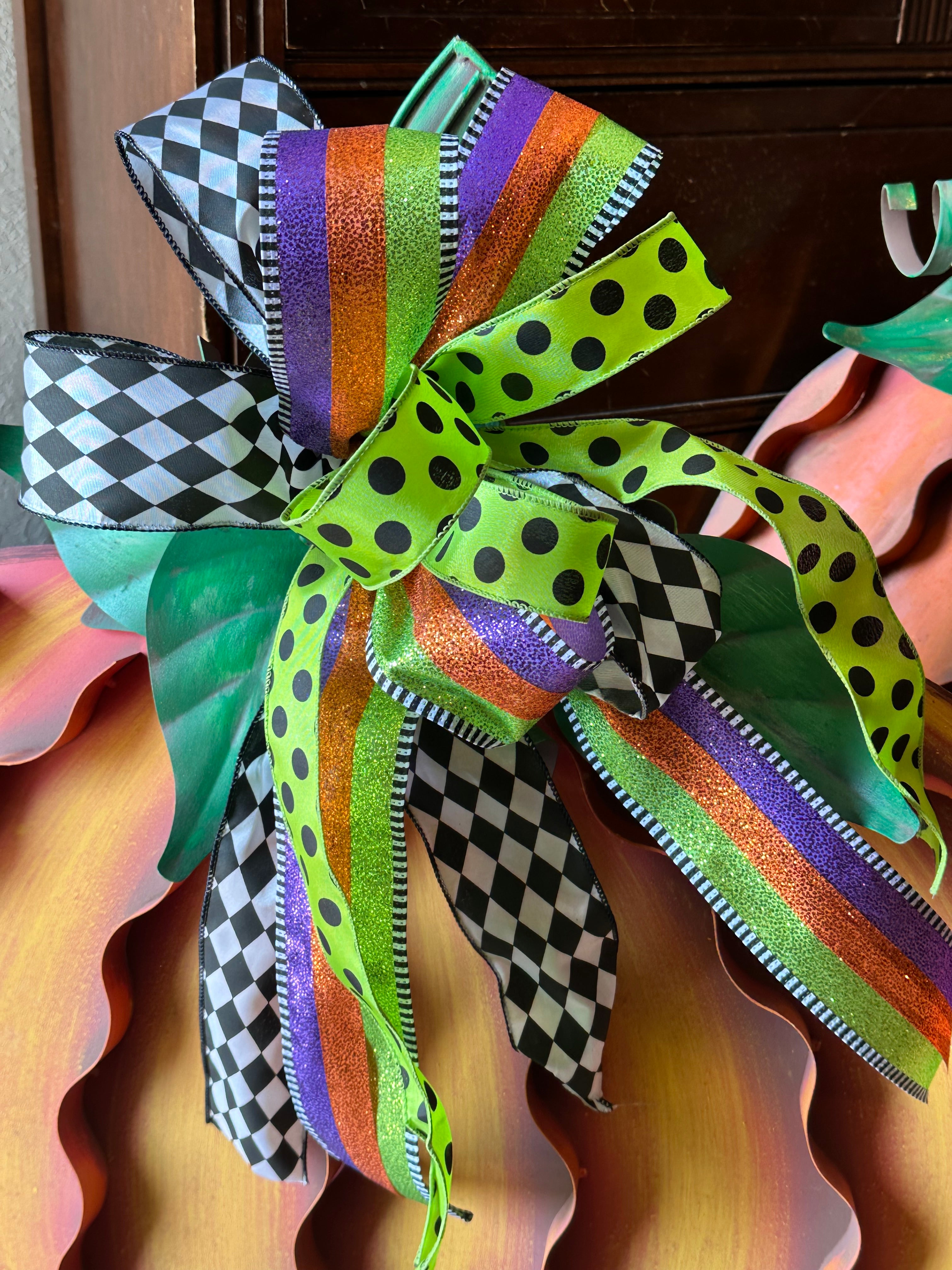 Whimsical Purple, Bright Green, Black, and White Bow Polka Dot, Harlequin, and Stripe