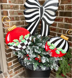 Load image into Gallery viewer, Christmas Black and White Stripe Red Ornament Metal Stakes Set of 2
