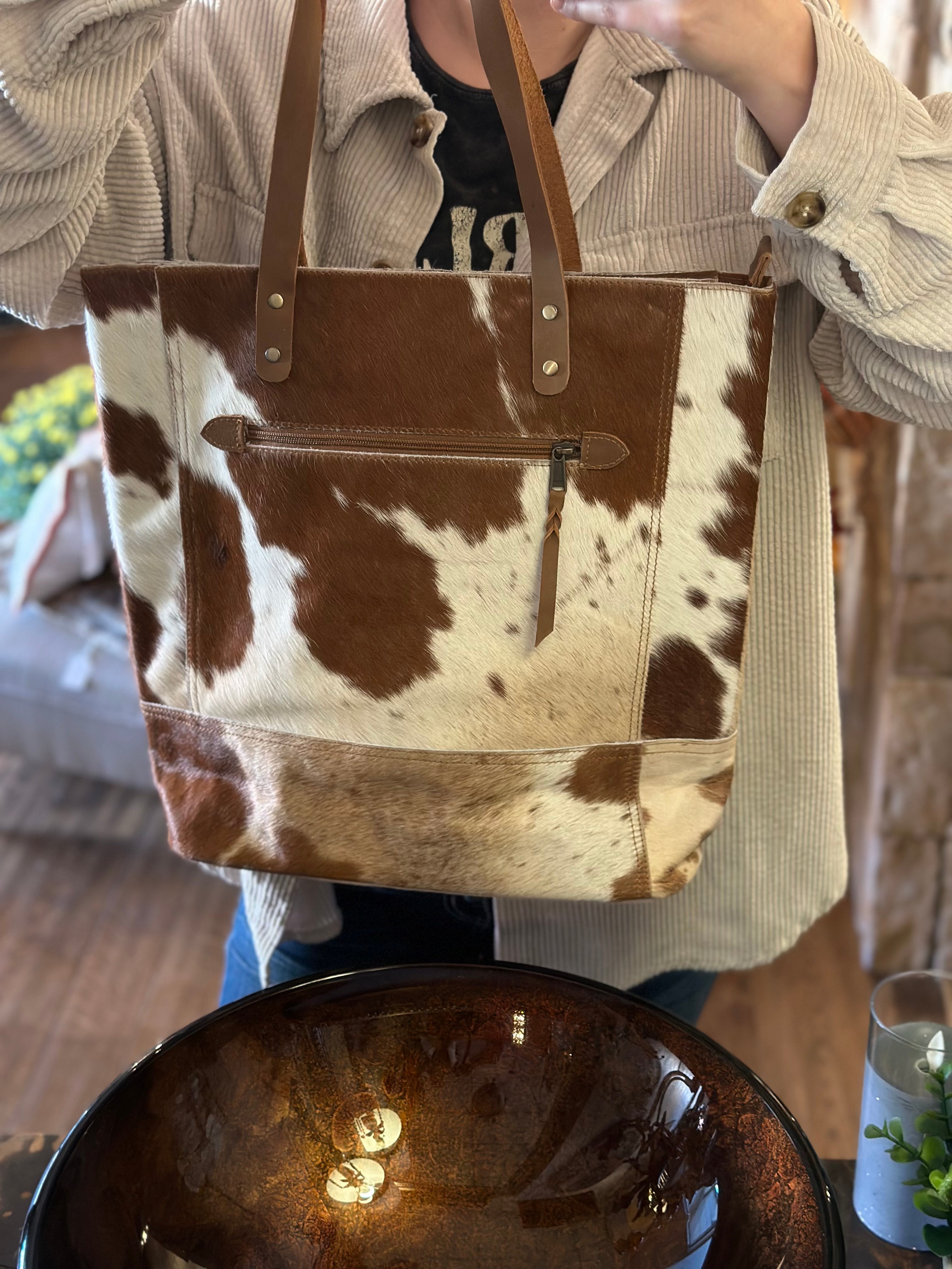 Cowhide and Leather Tote in Brown and White