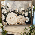 Load image into Gallery viewer, Beige &amp; White Roses with Blue Gray Background Floral Art with Wood Frame 32”x40”
