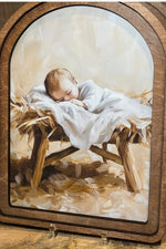 Load image into Gallery viewer, Baby Jesus in Manger with Arch or Round Wood Frame Christmas Decor
