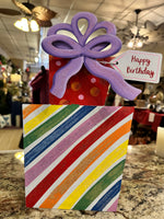 Load image into Gallery viewer, Happy Birthday Packages Metal Stake with Attached Easel Polka Dots and Stripes
