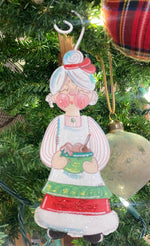 Load image into Gallery viewer, Baking Santa and Mrs. Claus Metal Ornaments in Red, White, and Green
