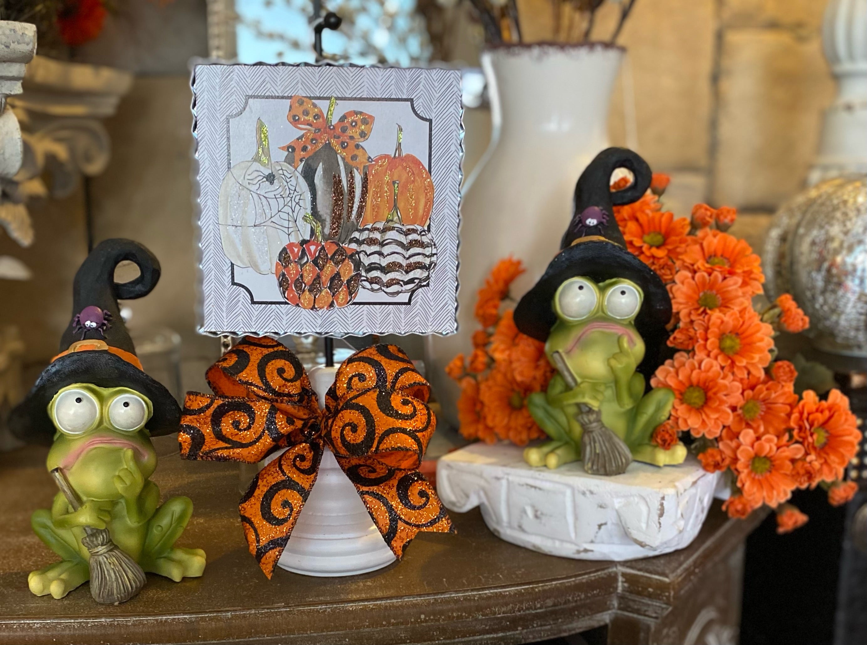 Phoebe the Frog with Black Witch Hat Spider and Holding Broom