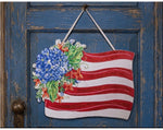 Load image into Gallery viewer, Floral American Flag Door Hanger in Red, White, and Blue Shimmering Finish
