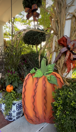 Load image into Gallery viewer, Large Orange Set of 2 Large Ribbon Pumpkins with Metal Stake and Easels
