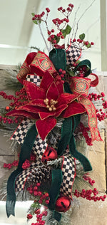 Load image into Gallery viewer, Checkered Black White, Emerald, and Red Poinsettia Swag with Bells
